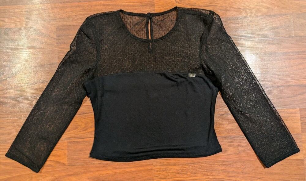Miss Sixty XS Black Sheer Mesh Asymmetrical One Shoulder Top Y2K Long Sleeve